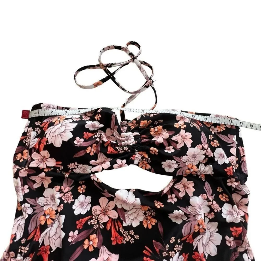 Shade and Shore Black Floral Halter Keyhole Bandeau One Piece Swimsuit